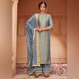 Light Blue Golden Embroidered Palazzo Pant Suit